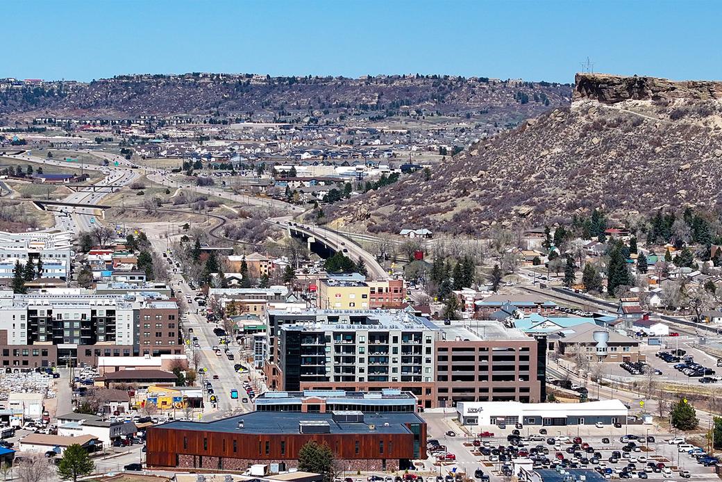 Downtown Castle Rock, Colorado, with the Rock butte behind it